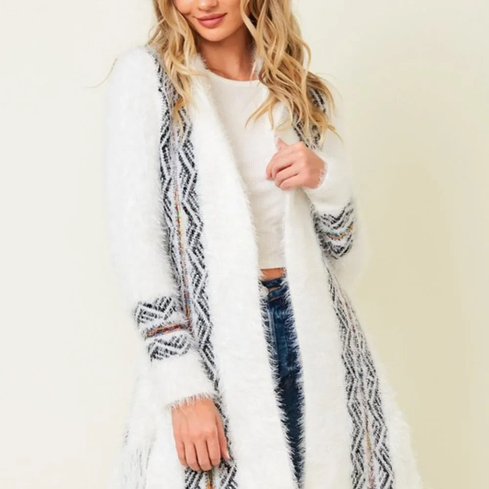NEW ON BLUE AZTEC SOUTHWESTERN sweater drape cardigan fringe white soft Sm-3XL - Picture 3 of 9